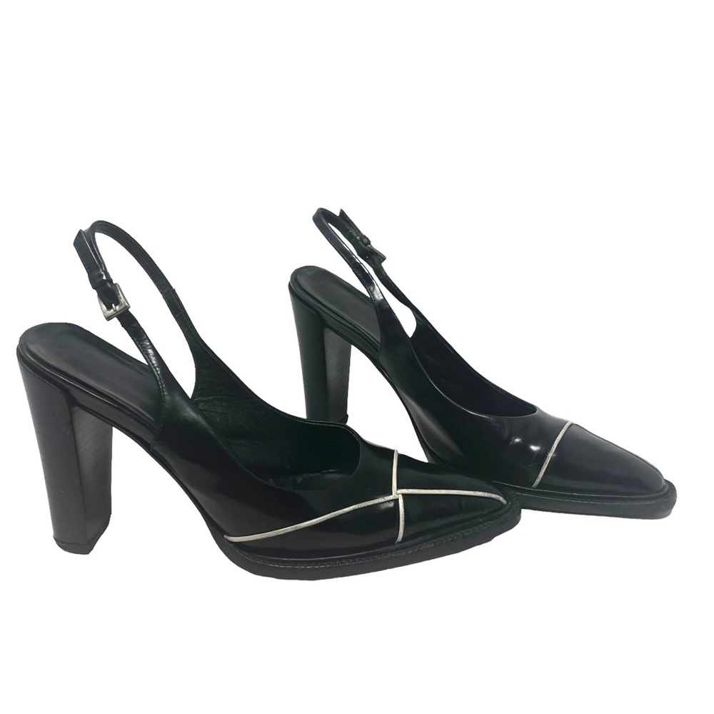 Prada Black Slingback Leather Heels with Silver Trim 37.5